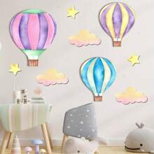 9 PIEZAS Decoraciones colgantes de pared de madera con globos aerostáticos en púrpura, azul y rosa, decoración de pared con nubes y estrellas, cartel de madera para decoración del hogar en dormitorio, salón de clases y sala de juegos