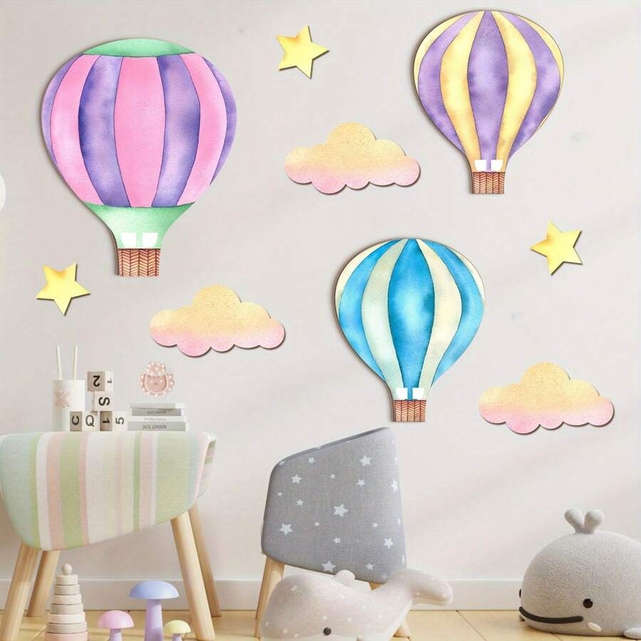9 PIEZAS Decoraciones colgantes de pared de madera con globos aerostáticos en púrpura, azul y rosa, decoración de pared con nubes y estrellas, cartel de madera para decoración del hogar en dormitorio, salón de clases y sala de juegos