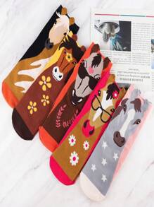 5 Pairs Horse Gift Women Standing Ear Horse Mid-Tube Socks Comfortable Outdoor Women's Socks Animal Party Riding Gift Horse Lover Socks Fun Animal Socks For Mom Girlfriend Lady Teen Novelty Socks Gift Colorful Horse Pattern Novelty Standing Ear Crew Socks