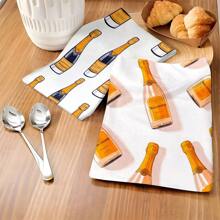 1 set / 2 piezas Toalla de cocina con diseño de botella de champán, toalla para platos, adecuada para comedor, cocina, baño, decoración diaria, decoración del hogar, regalos para mayores, amigos. Regalos para mayores y amigos.