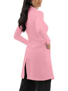 Chaqueta de laboratorio con cremallera de unicolor, abrigo de laboratorio con bolsillos dobles, rosa primavera - Rosa - Ver 4