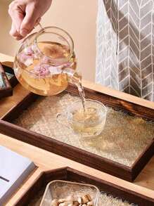 1pc Crabapple Blossom Vintage Embossed Wooden Glass Walnut Color Snack Storage Box, Rectangular Polygonal Cloisonne Tea Tray, Dessert Platter, Household Serving Tray