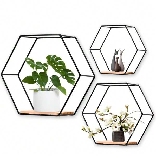 3 stuks zeshoekige, moderne, zwevende metalen wandplanken, chique ijzeren wandopbergrek - veelzijdige hangplank voor slaapkamer- en woonkamerdecoratie, inclusief metalen buizen, planken, eenvoudige houten scheidingswandopslag, wanddecoratierek voor slaapkamer, woonkamer, keuken, kantoor, huiskamerdecoratie, multifunctioneel decoratief wandrek voor planten, kleine voorwerpen, beeldjes enz. Woonkamer, studeerkamer