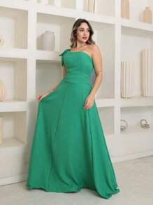 Victoria Long Dress Luxury Plain Duna Linen With Bow One Shoulder - Green - View 1
