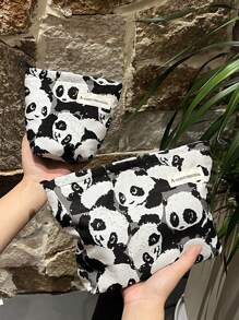 1 pieza Bolsa de maquillaje con estampado de panda, estuche de lona para cosméticos, bolsa de artículos de aseo, organizador de viaje, bolso de mano, bolsa de ropa interior