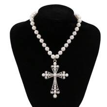 1 Stück vintage elegante Perlenkette mit Kreuzanhänger für Frauen, geeignet für Feiertage, Geburtstage, Dates, Bälle, Partys, Urlaub, Lässig ausflüge und Pendeln