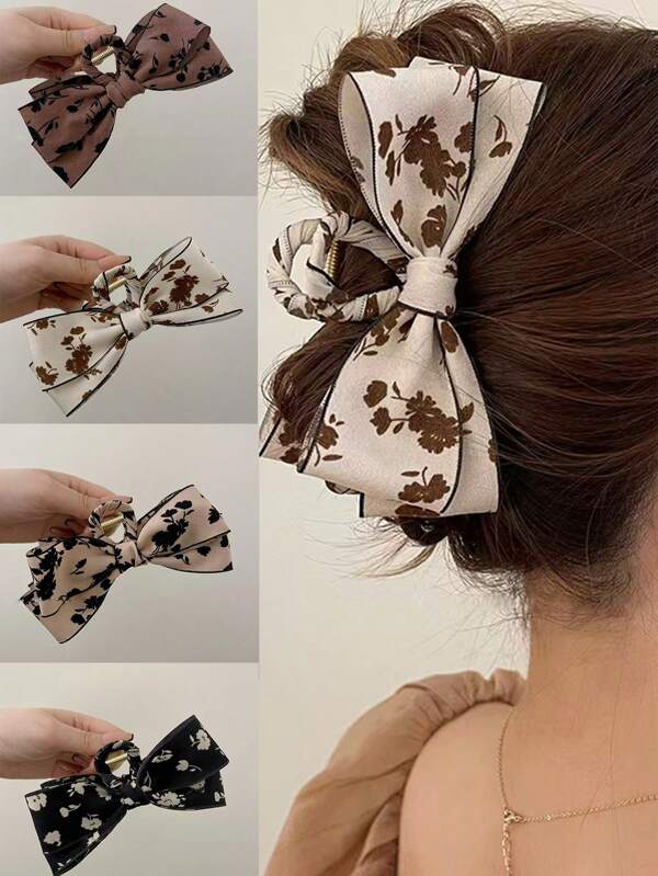 1pc Retro Dual Layer Bowknot Contrast Floral Hair Claw For Women, Suitable For Everyday Hairstyling Claw Clips Hair Clips Hair Jaw Clip Hair Clamps Hair Clutch Hair Catcher Clip