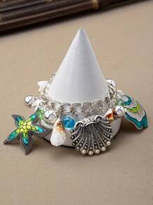 1 件复古波西米亚风格贝壳和海星串珠个性手链，海洋主题时尚珠宝适合海滩节日礼物