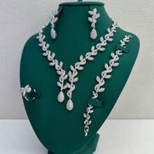 4pcs Luxury Bride Jewelry Set, Includes Necklace, Earrings, Bracelet, Ring With Zirconia Stones, Suitable For Wedding Party, Mother's Day, Valentine's Day Gift
