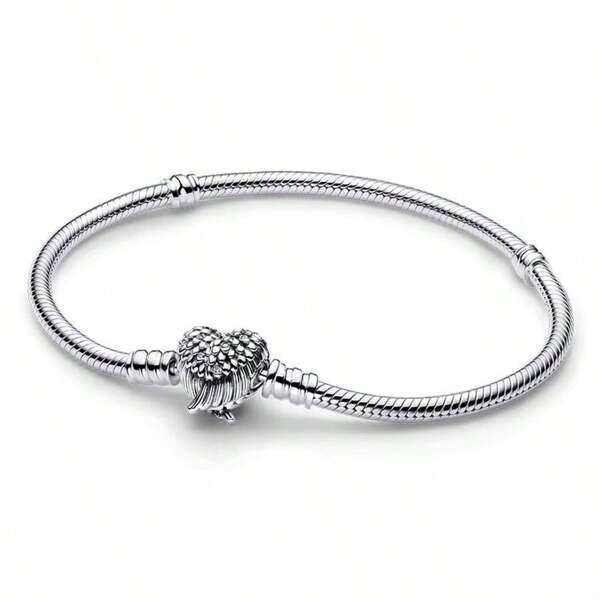 Bracelet populaire en argent sterling 925 en forme de cœur avec aile d'ange et os de serpent! Convient pour le DIY, l'anniversaire des femmes, le mariage, le cadeau de bijoux de mode