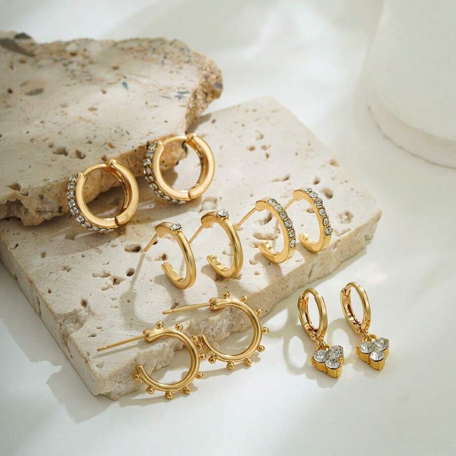 5 pares de pendientes de aro en forma de C con strass de aleación de zinc blanco - conjunto de aretes - Ver 1