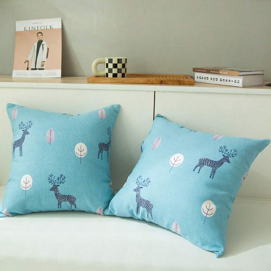 1pc Removable Zippered Thick Linen Cushion Cover, Sofa Pillow Sham - Elk Forest - View 1