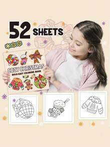 1pc 52 Pages Christmas Coloring Book, Simple & Cute Coloring Book For Kids, Birthday/Holiday Gift