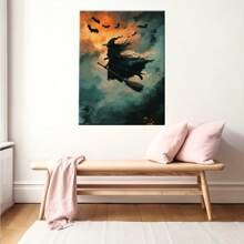 There Is A Witch Riding A Broom, Bats Flying In The Sky, 1 Piece Of Wooden Frame Poster Print  Thickness 2.25cm/0.9 Inches-Home Decoration Suitable For All Occasions-Ideal New Year, Valentine's Day, Thanksgiving, Easter, Christmas Gifts