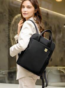 LECEY 女士大容量背包，纯色简约设计，可容纳 13.3 英寸笔记本电脑、休闲手提包、通勤公文包 - 黑色 - 查看 7