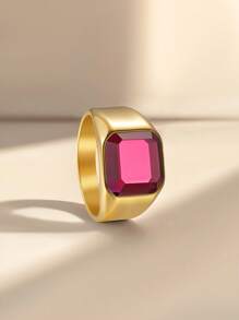 1pc Titanium Steel Rose Gold Simulation Gemstone Inlaid Ring - 1357 Gold-plated + Rose Red - View 8