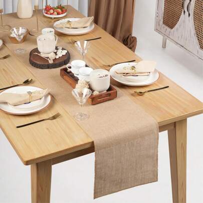 1pc Solid Color Linen Burlap Rustic Table Runner, Farmhouse Table Runner, Floral Lace Trim Hessian Woven Fabric Decor, Vintage Romantic Table Cloth For Party, Wedding, Birthday, Hotel & Home Dining Table Decoration, Baby Shower