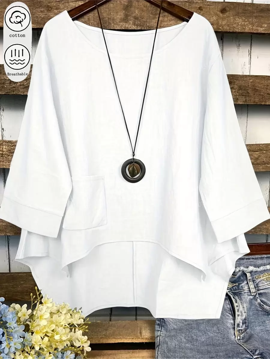 Women's Plain Asymmetrical Round Neck Shirt With Pocket