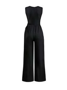 Mono informal con cuello redondo y amarre, empalmado de pierna ancha, para primavera/verano