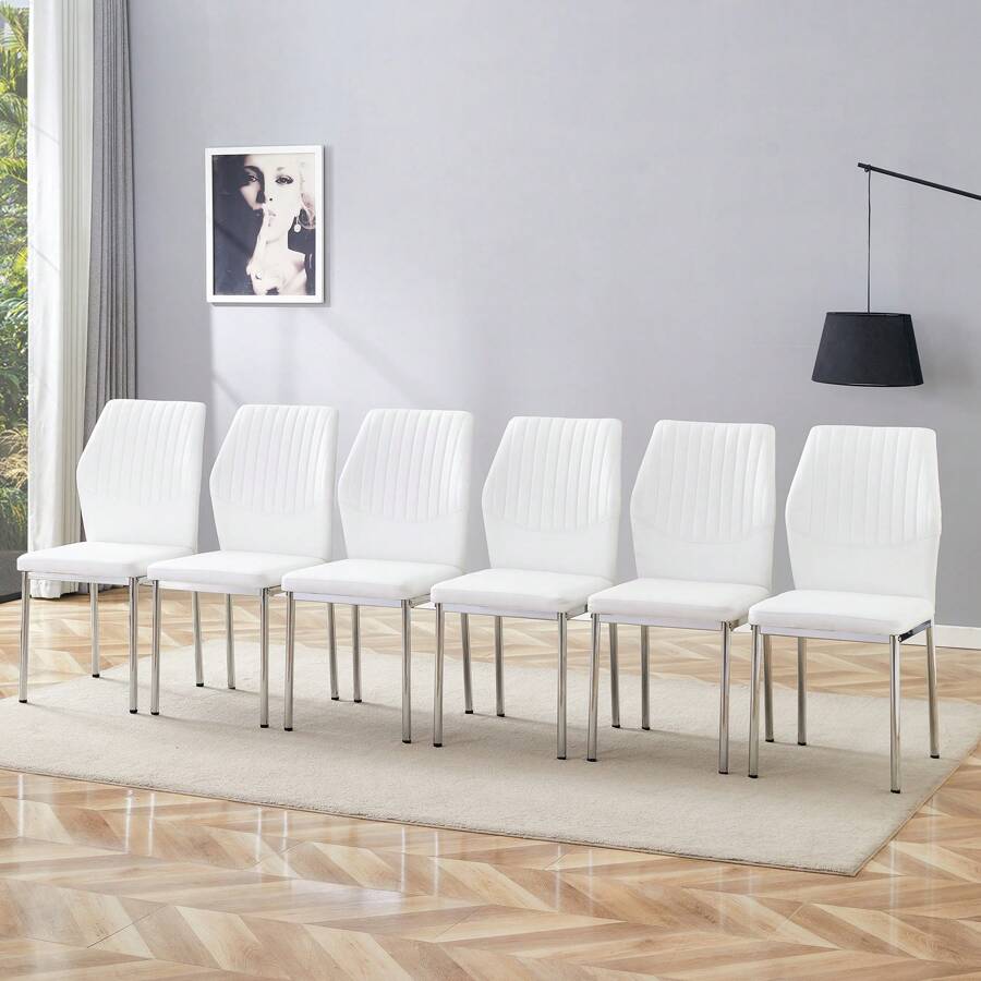 MUUOKY Modern Dining Chairs Set Of 6, Kitchen Modern Metal Chairs With Faux PU Leather Padded Seat High Back And Sturdy Gold Chrome Legs, Chairs For Dining Room, Kitchen, Living Room, Living Room, Office, Bedroom, Kitchen, Apartment, Easy To Clean, Easy To Assembly, Home Decor - White Chair+silver Leg - 查看 1