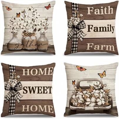 4-Piece Autumn Farmhouse Linen Pillowcase, Sweet Home Brown Throw Pillow Pillowcase, Truck Striped Water Buffalo Check Outdoor Decoration Seasonal Pillowcase, Sofa Cushion Cover, Printed On One Side Without Pillow Insertion (16in*16in, 18in*18in, 20in*20in, 12in*20in)