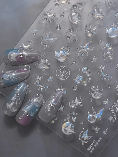 1片法式果冻美甲贴纸，图案包括梦幻泡泡、流星、蝴蝶、星星、月亮，自粘美甲贴纸，DIY美甲装饰贴纸，美甲用品