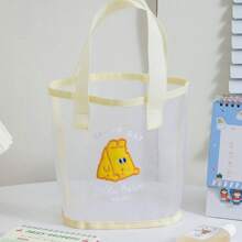 1pc Minimalist Fashion Korean Style Cartoon Transparent Net Tote Bag, Cute Small Bear Portable Handbag For Girls, Beach Bag, Mini Size - Apricot - View 14