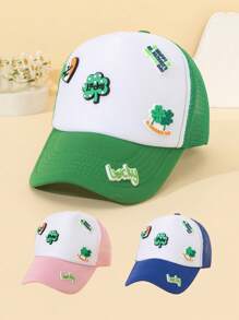 1 pièce Patch de trèfle à quatre feuilles porte-bonheur pour enfants, fait à la main pour la St-Patrick, casquette de baseball à motif de dessin animé vert mignon pour la protection solaire des enfants, nouvelle casquette de camionneur d'été en maille pour garçons et filles, pour l'extérieur - 1PC - Voir 2