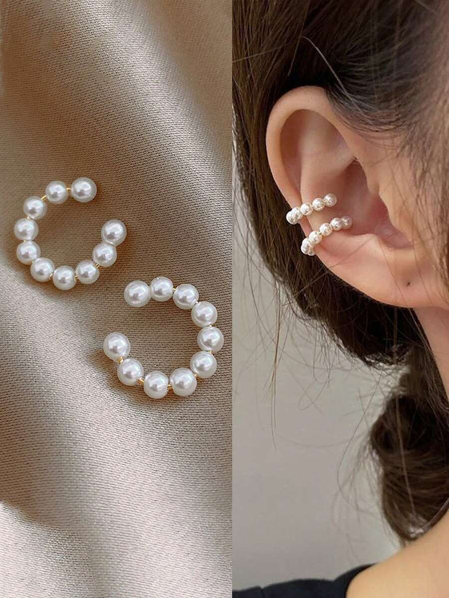 1对珍珠夹式耳环，简约优雅的无耳洞耳夹耳环，时尚设计耳环，情人节配饰 - 彩色 - 查看 1