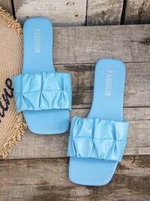 Women's Simple Solid Color Flat Sandals With Pleated Strap, Faux Pearl And Flower Transparent Strap Elements, Versatile For Spring And Summer - Blue 1 - View 6