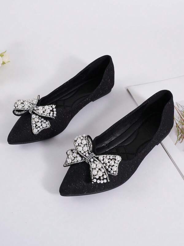 New Solid Black Pointed Toe Slip-On Flats With Rhinestone Bow Decor, Shiny Star Embellished, Comfortable Casual Versatile Shoes For Women, Plus Size