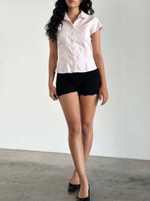 Women Y2k Fairy Grunge Button Down Shirts Short Sleeve Lapel Collar Slim Fit T Shirt Going Out Blouses Crop Tops Vinatge Aesthetic Clothes Summer E-Girls Streetwear 2000s - 粉色 - 查看 5