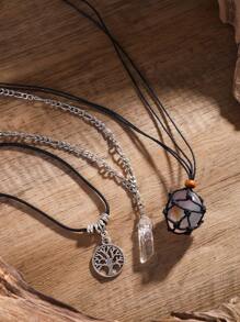 3pcs/Set Vintage Boho & Hippie Style Asymmetrical Crystal, Turquoise And Metal Tree Pendant Necklace Set, Charming Jewelry Decoration For Women Daily And Vacation Outfits (Crystal And Turquoise Pendant Shape, Size, Color Are Random) - Multicolor - View 5