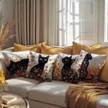 Set de 4 fundas de cojín decorativas con diseño de gato negro y flores de Klimt, hechas de tela de terciopelo suave, impresión unilateral, de 45 * 45 cm, adecuadas para sala de estar, dormitorio, sofá, decoración del hogar, regalo