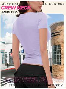 Womens Basic Short Sleeve Crew Neck T Shirt Slim Fit Tees Summer Y2k Going Out Fitted Top Cute Tight Shirts - 薰衣草紫 - 查看 5
