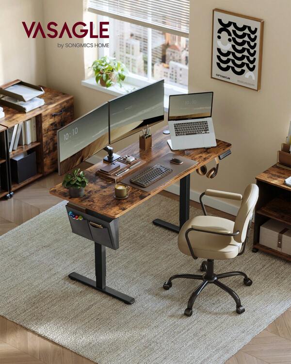 VASAGLE Electric Standing Desk, Height Adjustable Desk, 60 X 140 X (72-120) Cm, 4 Memory Heights, Storage Pocket, For Home Office, Study