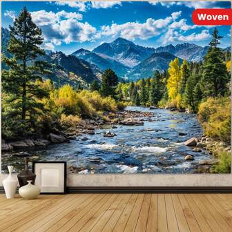 1pc Polyester Tapestry With Natural Forest Mountain Landscape, Green Pine Trees, White Clouds And Flowing River, Suitable For Decorating Living Room, Bedroom, Dorm And Office Wall - Indoor Scenery Decor, Woven, No Electricity Required
