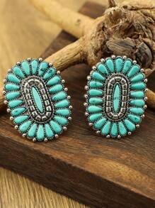 1 对女士耳环，饰有绿松石，橙色珠宝耳环，波西米亚风格，复古女士珠宝，西式椭圆形耳环，女士时尚珠宝，吊坠耳环，适合各种组合 - 藍色 - 查看 1