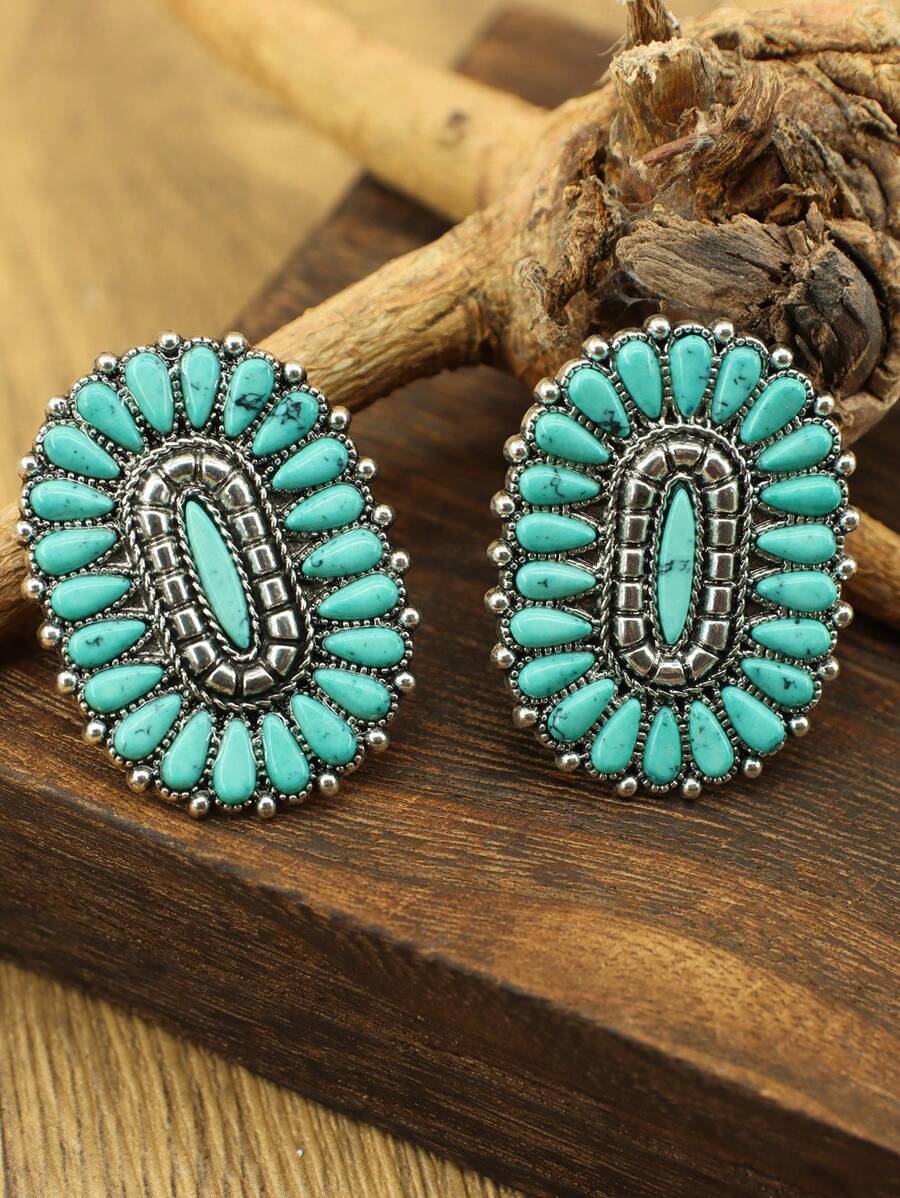 1 对女士耳环，饰有绿松石，橙色珠宝耳环，波西米亚风格，复古女士珠宝，西式椭圆形耳环，女士时尚珠宝，吊坠耳环，适合各种组合 - 藍色 - 查看 1