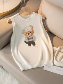 Spring And Summer New Round Neck Women Vest Teddy Bear Wearing Baseball-Cap Graphic Pattern Print ,White Summer T Shirts,Simple Stylish,Suitable For Commuting,Summer Women Knitted Tops