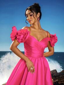 Robe de soirée longue élégante à épaules dénudées, avec fente à la cuisse, convient aux occasions formelles, aux robes de fête, aux robes de invités de mariage - Rose vif - Voir 10
