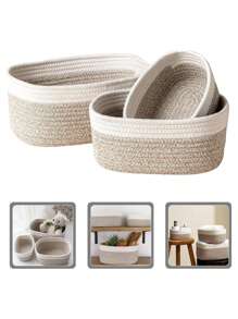 1pc Oval Storage Basket, Rope Woven Basket, Home White And Mixed Color Handmade Basket, Kitchen, Bathroom, Miscellaneous Items, Snack Basket, Home Organization And Storage Supplies For Kitchen Bathroom Bedroom Living Room Dorm Office Desk, Home Decor