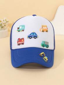 1 Peça Boné de Verão Respirável de Malha com Remendo Estampado de Carro em Série para Meninos Pequenos, Remendo de Couro Macio DIY, Decoração de Caminhão Cartoon 3D, Proteção Solar, Poliéster, Estilo Coreano