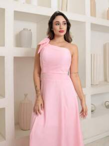 Victoria Long Dress Luxury Plain Duna Linen With Bow One Shoulder - Baby Pink - View 6