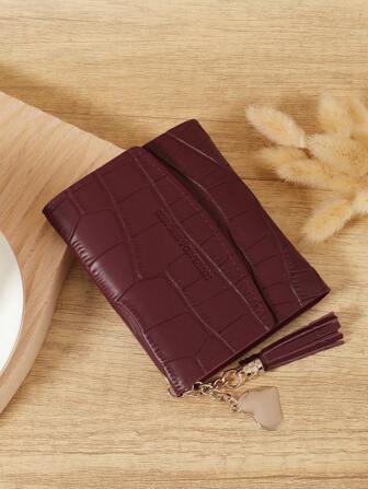 Burgundy Bag Charry Red Bag Wine Red Bag,Fashionable Tri-Fold Women's Short Wallet With Crocodile Texture And Heart-Shaped Hardware, Premium Leather Material, Multi-Card Slots For Credit Card, Bank Card, And Coin Storage, Compact Design For Bills And Coins, Tassel Pendant For Stylish Look, Perfect For Travel, Work, And Daily Use, Ideal Gift For Girlfriend, Mother, Or Teacher, And Elegant Design