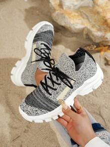 24pcs New Women's Colorblock Hollow Breathable Vintage Floral Lightweight Road Running Sneakers - Dark Grey - View 3