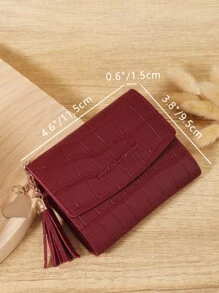 Fashionable Tri-Fold Women's Short Wallet In Burgundy With Crocodile Texture And Heart-Shaped Hardware, Premium Leather Material, Multi-Card Slots For Credit Card, Bank Card, And Coin Storage, Compact Design For Bills And Coins, Tassel Pendant For Stylish Look, Perfect For Travel, Work, And Daily Use, Ideal Gift For Girlfriend, Mother, Or Teacher, And Elegant Design - Rose Red - View 9