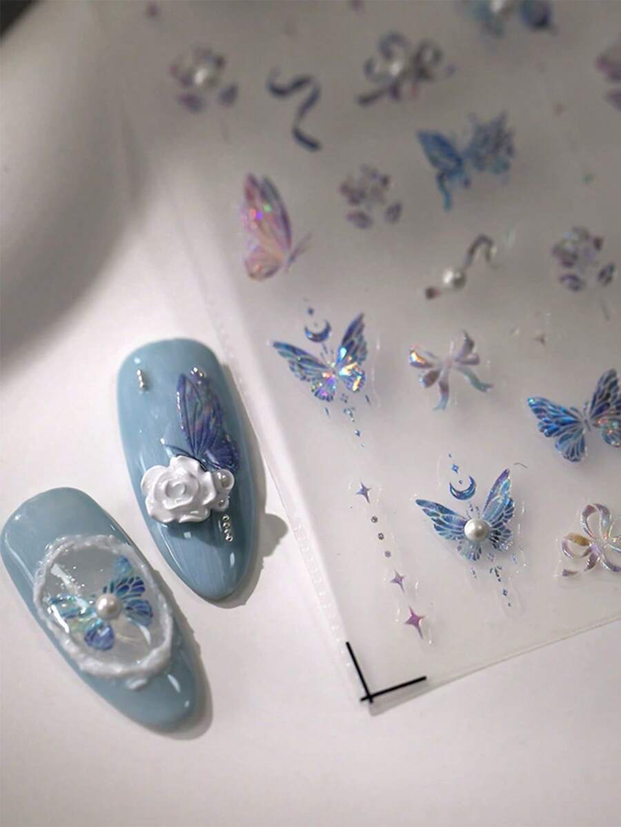 1pc 3D Nail Sticker Butterfly & Sparkle Adhesive Nail Decal, Hollow Rhinestones Design Series