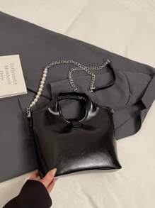 1pc Heart Letter Faux Pearl Decor Fashion Chain Strap Bucket Bag, Versatile Shoulder & Crossbody Bag For Women Daily Use, Comes With Heart-Shaped Ornament