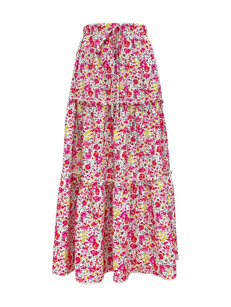 Falda casual de estilo boho para vacaciones/verano con estampado floral y volantes en el bajo - Multicolor - Añade 2